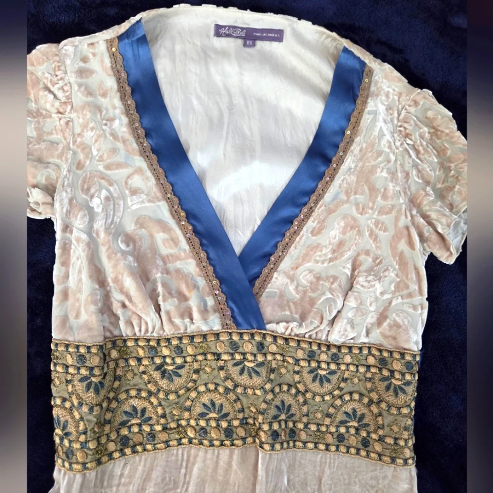HALE BOB Blue and Cream Embellished Cap Sleeve Dress, SIZE XS - Picture 4 of 10